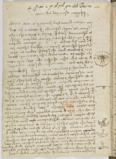 Código sobre el vuelo de los pájaros, c. 1505-06, manuscrito en papel, cc. 18, hoja 12 verso de Leonardo da Vinci